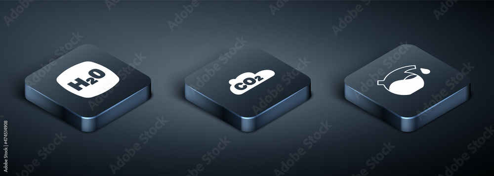 Set Isometric Chemical formula H2O, Test tube and CO2 emissions in cloud icon. Vector Set Isometric Chemical formula H2O, Test tube and CO2 emissions in cloud icon. Vector
