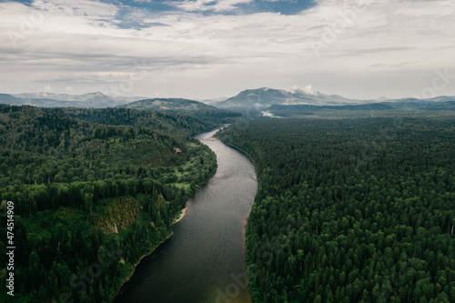 Drone view of the river flowing in the forest