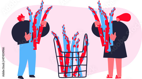 Tiny man and woman with Asparagus, vegetables. Vector flat illustration. Funny colored typography poster, advertising, packaging print design, market, farmers market decoration. vegetables concept. 