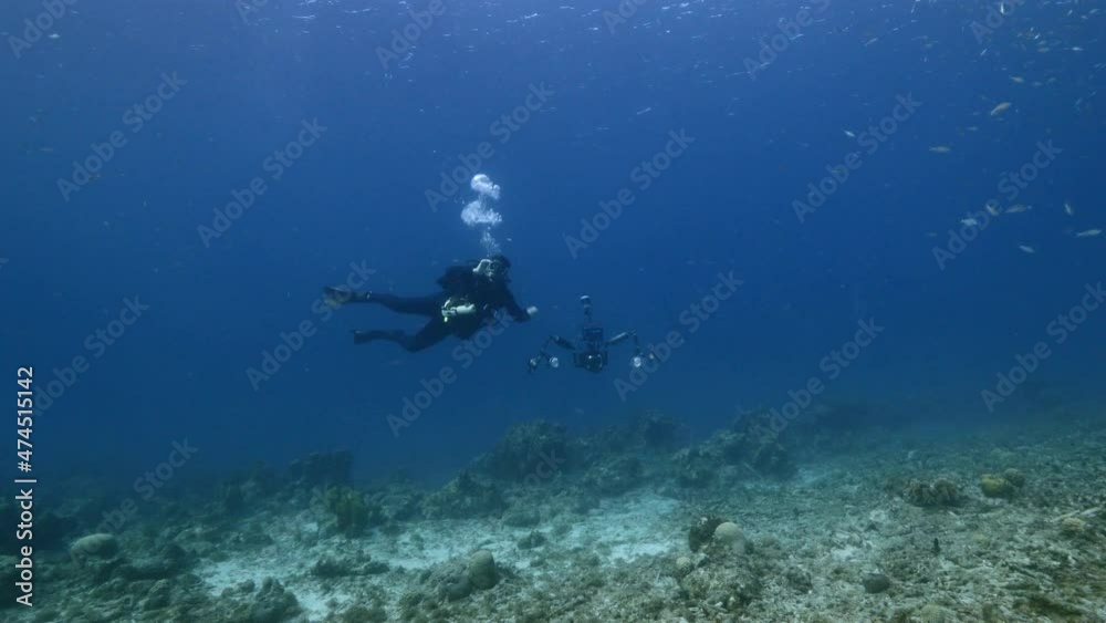 Professional diver / underwater cinematographer filming in coral reef of Caribbean Sea around Curacao Professional diver / underwater cinematographer filming in coral reef of Caribbean Sea around Curacao