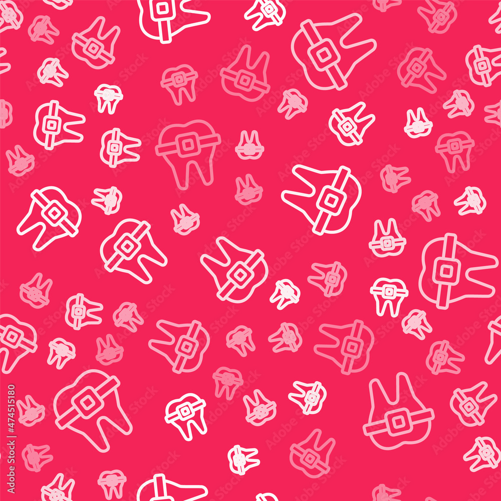 White line Teeth with braces icon isolated seamless pattern on red background. Alignment of bite of teeth, dental row with with braces. Dental concept. Vector White line Teeth with braces icon isolated seamless pattern on red background. Alignment of bite of teeth, dental row with with braces. Dental concept. Vector