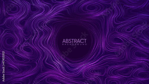 Abstract background with fantasy magic curled purple lines and sparkles. Futuristic liquid dynamic flow of glowing swirling lines with place for you content. Vector illustration