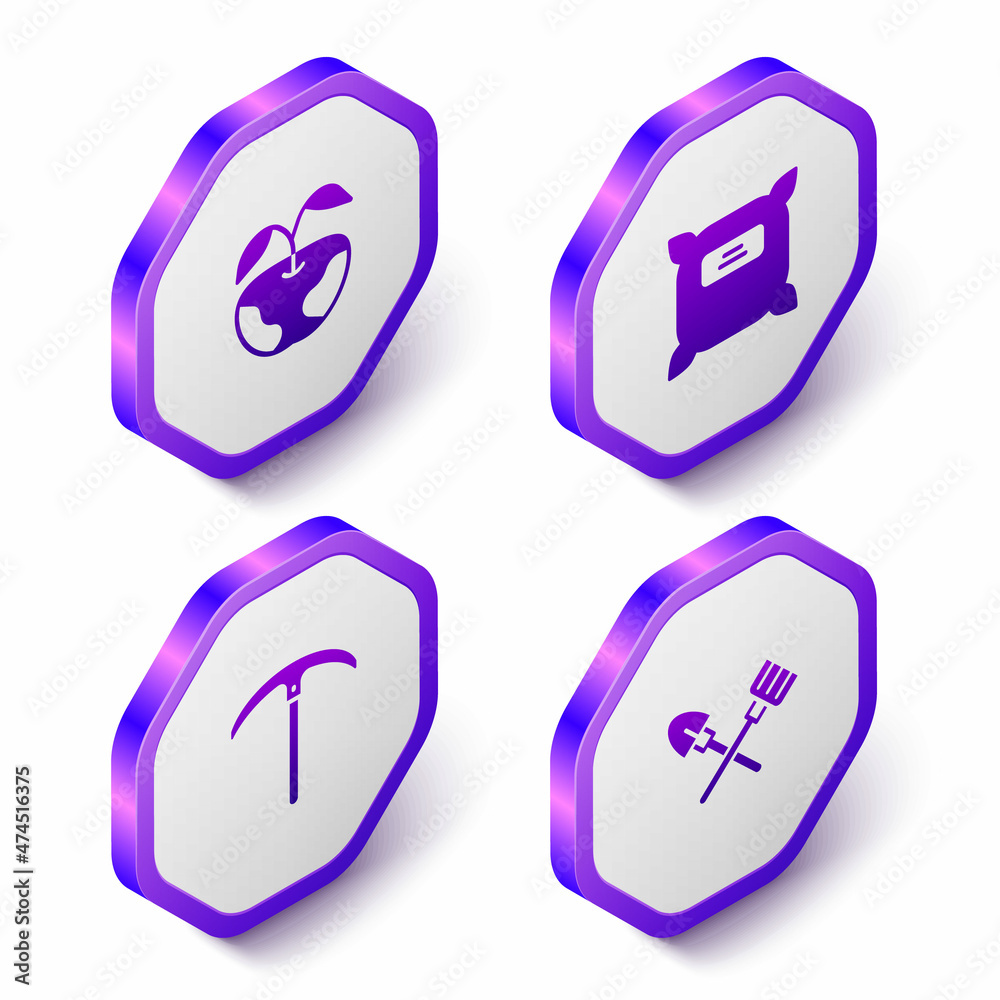 Set Isometric Apple, Pack full of seeds, Pickaxe and Shovel and rake icon. Purple hexagon button. Vector