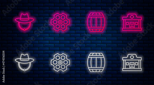 Set line Revolver cylinder, Gun powder barrel, Western cowboy hat and Wild west saloon. Glowing neon icon on brick wall. Vector