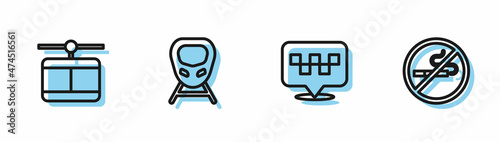 Set line Location with taxi, Cable car, High-speed train and No Smoking icon. Vector