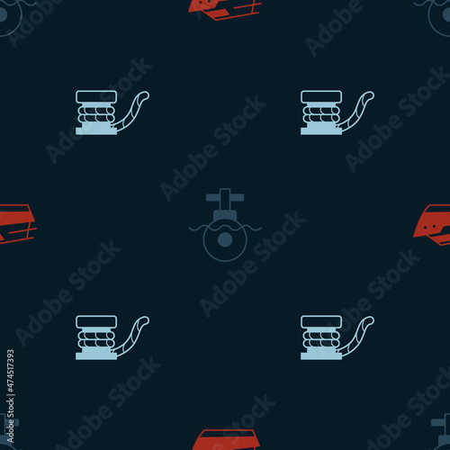 Set Speedboat, Submarine and Marine bollard with rope on seamless pattern. Vector