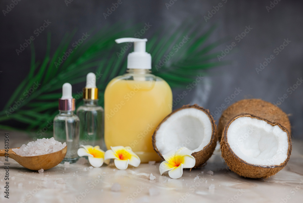 liquid soap dispenser with palm leaf with sea salt and mango flower liquid soap dispenser with palm leaf with sea salt and mango flower