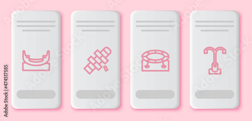 Set line Boat swing, Hopscotch, Jumping trampoline and Street light. White rectangle button. Vector