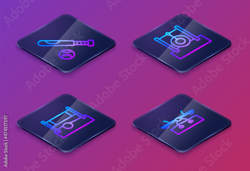 Wallpaper Mural Set Isometric line Baseball bat with ball, Volleyball net, Car tire hanging on rope and Seesaw. Blue square button. Vector Torontodigital.ca