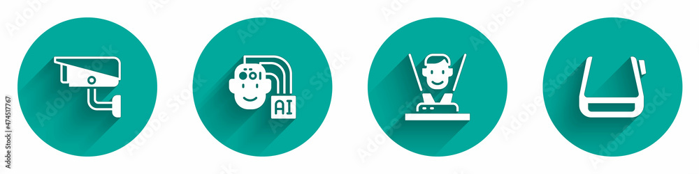 Set Security camera, Humanoid robot, Hologram and Smart glasses on spectacles icon with long shadow. Vector Set Security camera, Humanoid robot, Hologram and Smart glasses on spectacles icon with long shadow. Vector
