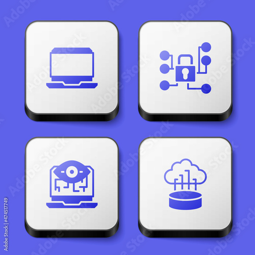 Set Laptop, Cyber security, Computer vision and Network cloud connection icon. White square button. Vector