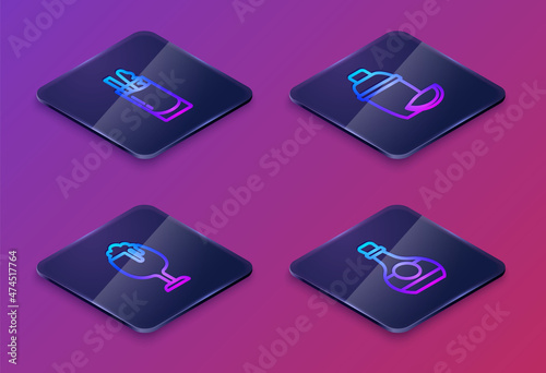 Set Isometric line Cocktail Bloody Mary, Glass of beer, shaker with lime and Bottle cognac or brandy. Blue square button. Vector