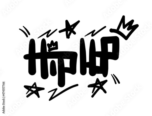 Handwritten text Hip-hop. Musical print. Drawn by hand. Isolated vector illustration.
