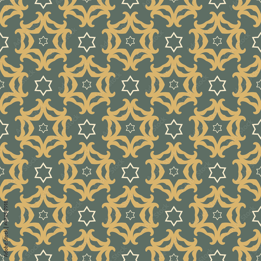 Background pattern with decorative floral and geometric elements on a green background. Fabric texture swatch, seamless wallpaper. Vector illustration