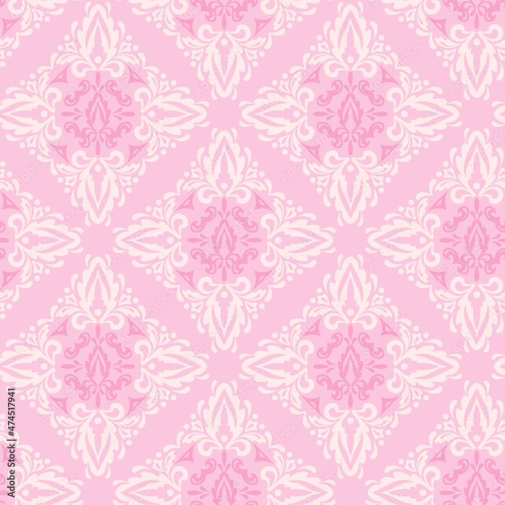 Cute background pattern with decorative floral ornament on light pink backdrop. Fabric texture swatch, seamless wallpaper. Vector illustration