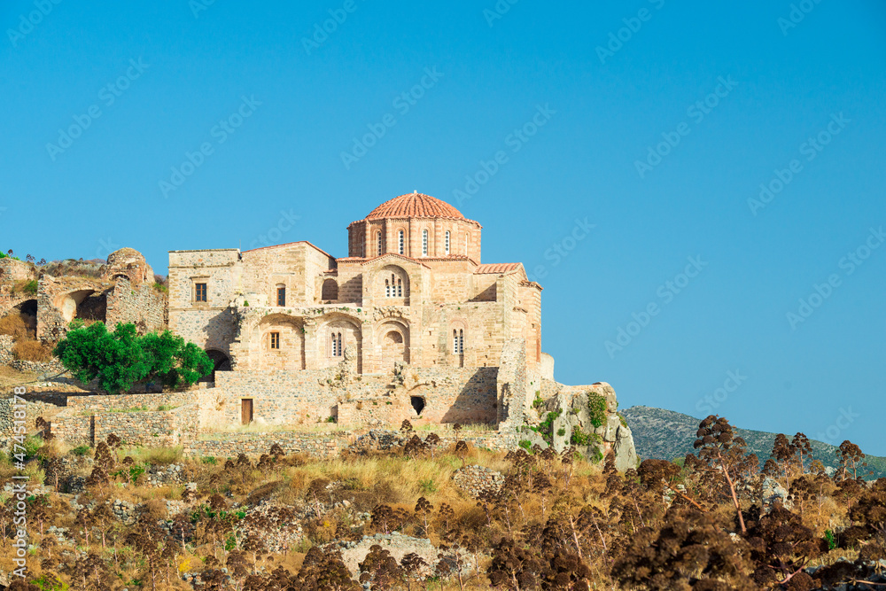 Beautiful stone orthodox church, old town of Monemvasia, Greece