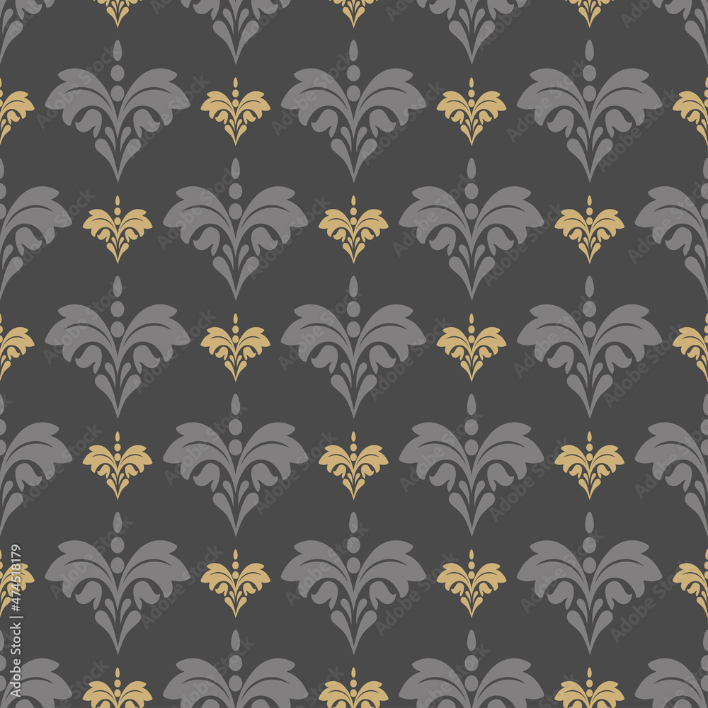 Background pattern with decorative floral ornament on brown background. Seamless fabric texture, wallpaper. Flat design. Vector illustration