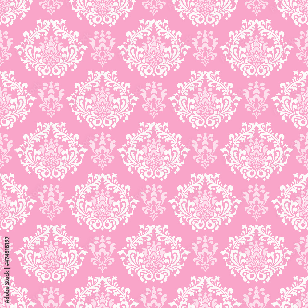 Beautiful background with floral decorative ornament on a light pink background. Seamless fabric texture, wallpaper background. Flat design. Vector illustration