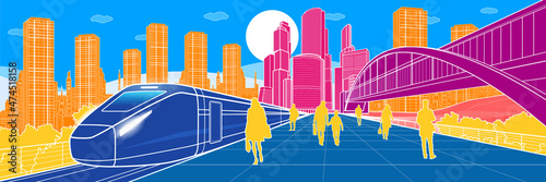 Colorful transport infrastructure illustration, people waiting for train on railway station, pedestrian bridge, modern city on color background, business buildings, urban skyline, vector design art