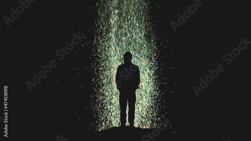 The man stands on a flying cosmic particles background