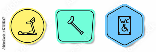 Set line Treadmill machine, Walking stick cane and Separated toilet for disabled. Colored shapes. Vector