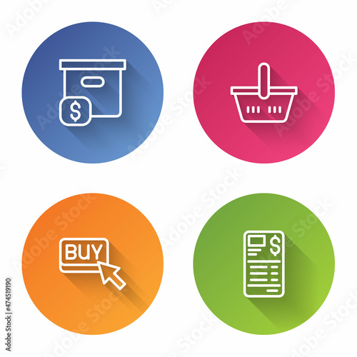 Set line Carton cardboard box with price, Shopping basket, Buy button and Paper or financial check. Color circle button. Vector