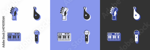 Set Microphone, Guitar neck, Music synthesizer and Bandura icon. Vector