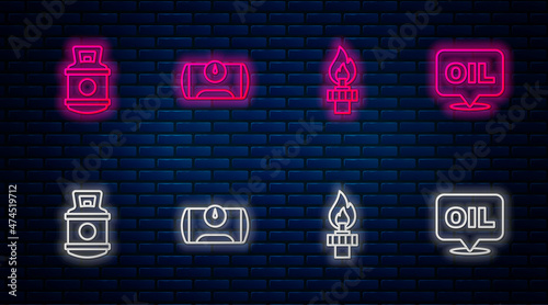 Set line Gas tank for vehicle, Oil rig with fire, Propane gas and Word oil. Glowing neon icon on brick wall. Vector