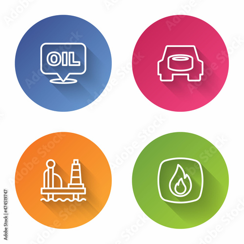Set line Word oil, Spare wheel in the car, Oil platform sea and Fire flame. Color circle button. Vector