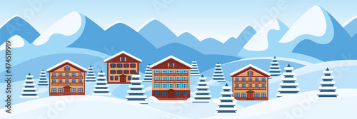 Winter landscape with wooden houses in the mountains. Ski resort panoramic view. Background, banner, flyer