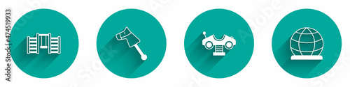 Set Swedish wall, Toy horse, Swing car and Playground climbing equipment icon with long shadow. Vector