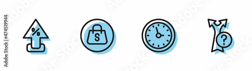 Set line Clock, Percent up arrow, Shopping bag with Sale and Arrow icon. Vector