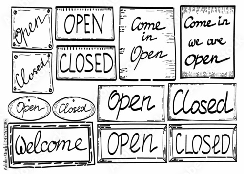 Vector illustration. Hand-drawn set of open and closed door signs. A doodle-style sketch. A sign with an open door or store window.