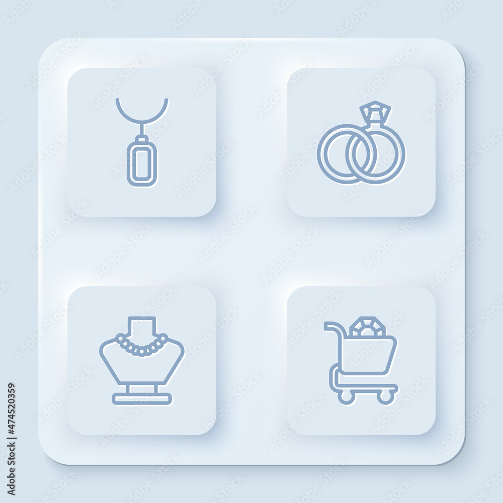 Set line Pendant on necklace, Wedding rings, Necklace mannequin and Jewelry online shopping. White square button. Vector Set line Pendant on necklace, Wedding rings, Necklace mannequin and Jewelry online shopping. White square button. Vector