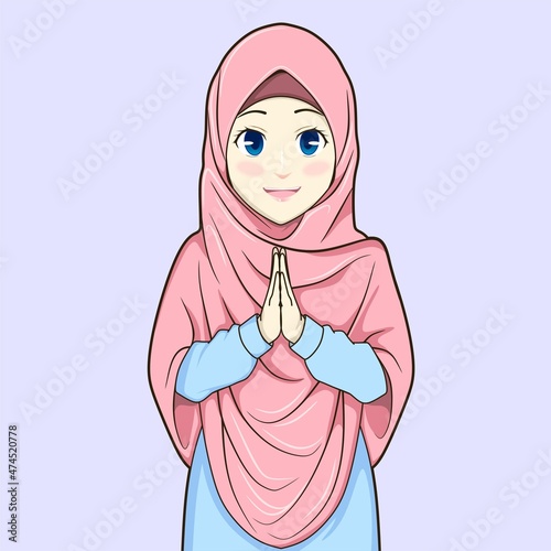 Young muslim woman smiling greeting with welcoming gesture hands put together, cartoon character vector design