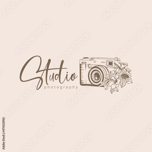 Studio photography logo with floral camera illustration