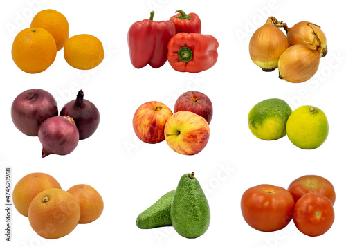 Fruits and vegetables collection isolated lime, lemon, bell pepper, orange, tangerine, pepper. Ripe onion, agriculture, Red onion, apple, avocado, tomatoes.