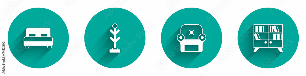 Set Big bed, Coat stand, Armchair and Library bookshelf icon with long shadow. Vector Set Big bed, Coat stand, Armchair and Library bookshelf icon with long shadow. Vector