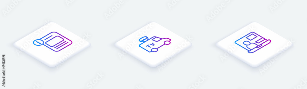 Set Isometric line Information, TV News car and World news. White square button. Vector Set Isometric line Information, TV News car and World news. White square button. Vector