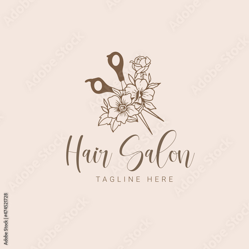 Hair salon logo with scissor and floral illustration