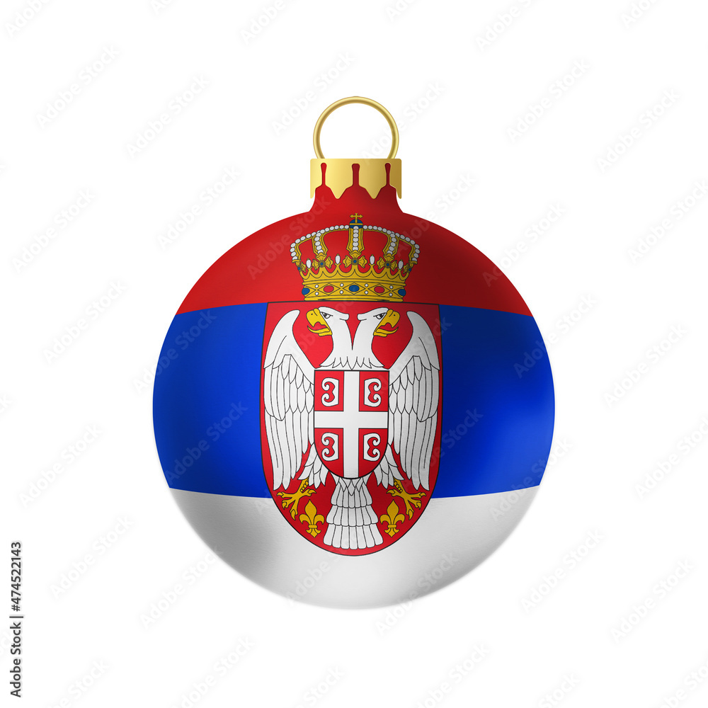 National Christmas ball. Fur- tree classic round toy on white background. Serbia
