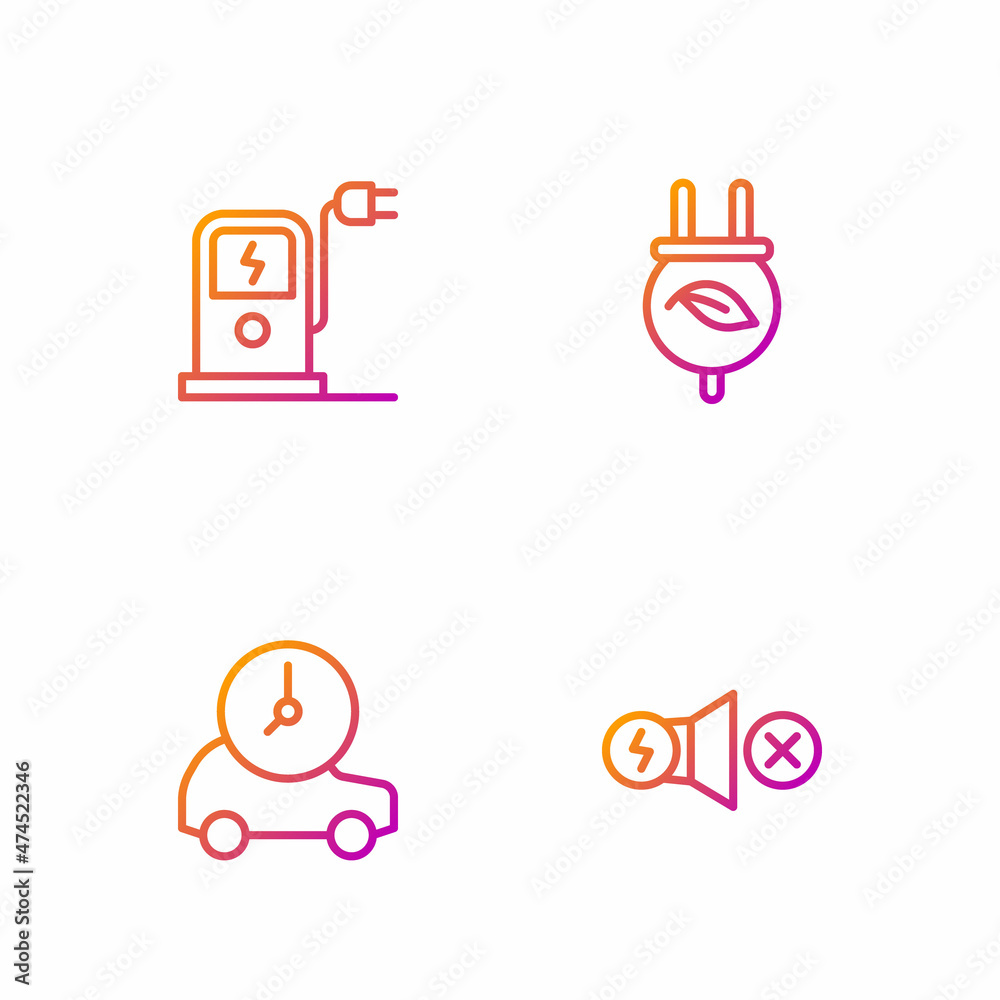 Set line Electric motor, car, charging station and saving plug leaf. Gradient color icons. Vector Set line Electric motor, car, charging station and saving plug leaf. Gradient color icons. Vector