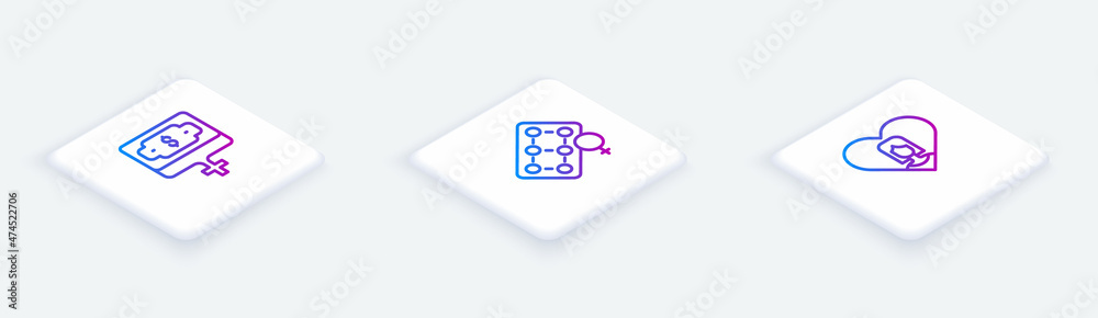 Set Isometric line Money growth woman, Packaging of birth control pills and Heart with female. White square button. Vector Set Isometric line Money growth woman, Packaging of birth control pills and Heart with female. White square button. Vector