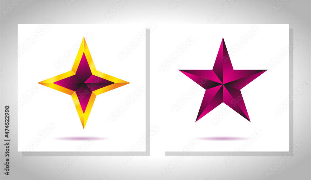 Obraz premium Vector set of realistic metallic golden stars isolated on white background. Christmas Glossy yellow 3D trophy star icon. Symbol of leadership.