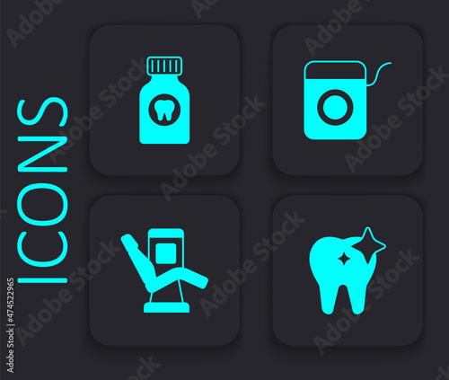 Set Tooth whitening, Toothache painkiller tablet, Dental floss and Medical dental chair icon. Black square button. Vector