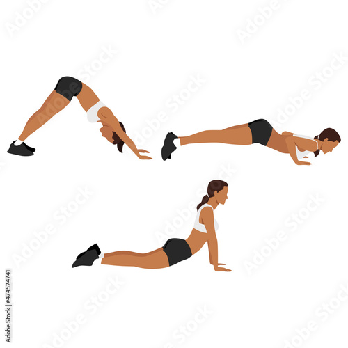 Woman doing hindu. judo push up. dive bombers exercise flat vector illustration isolated on white background