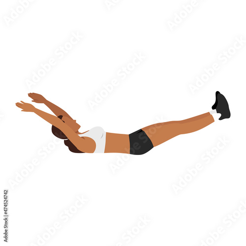 Woman doing hollow body rock hold exercise flat vector illustration isolated on white background 