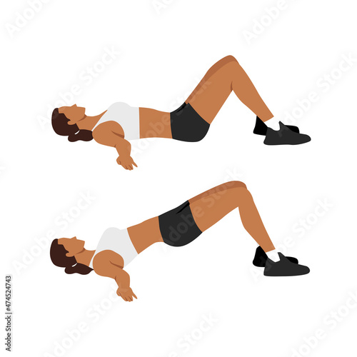 Woman doing hip raises. Butt lift. Bridges exercise flat vector illustration isolated on white background 