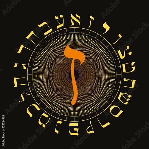 Vector illustration of the Hebrew alphabet in circular design. Hebrew letter called Zayin large and reddish orange.