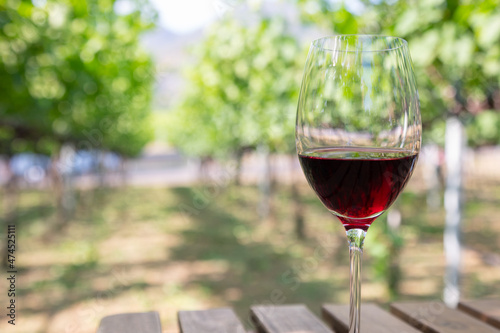 Selective focus of glass of red wine on wooden table in grape farm and cultivation for wine production shows beautiful scenery of rural area in summer time which is time for enjoy vacation picnic.